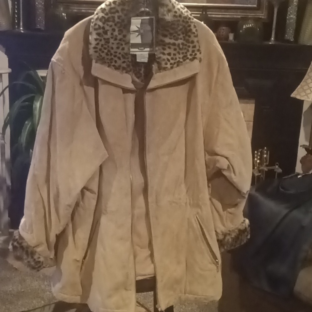 FINAL PRICE MIDDLEBROOK PARK suede leather coat w animal print collar/cuffs XL
